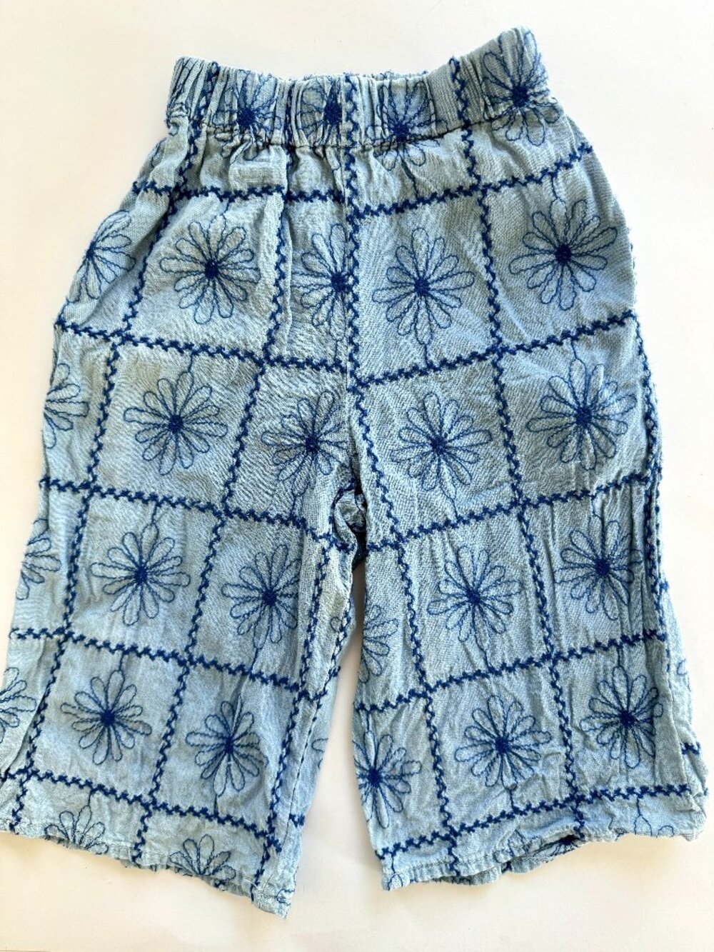 Zara Embroidered Daisy Chambray Wide Leg Pants Light Blue Girls 18-24M